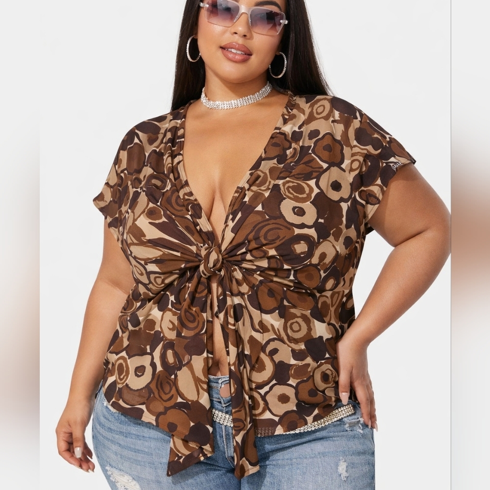 Kasper Open Tie Front Blouse Brown Floral Y2K Size 12 Petite